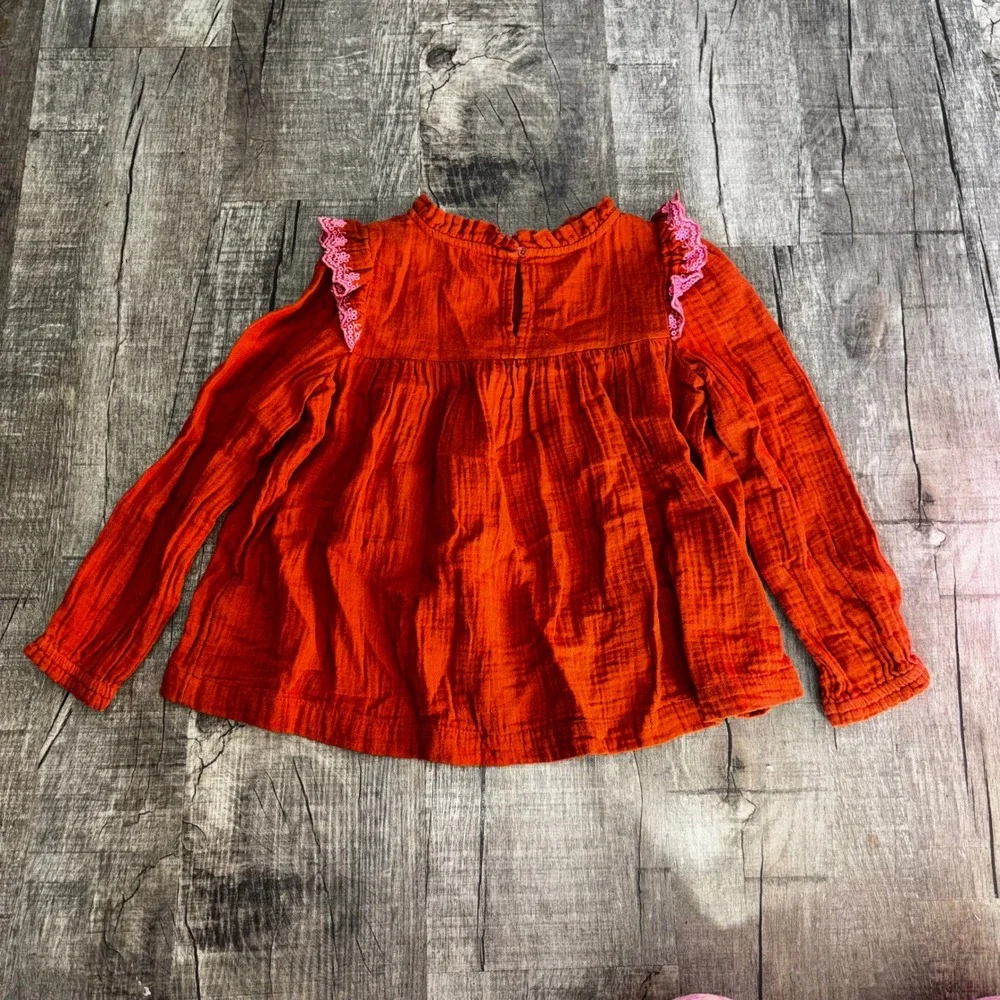 Girls Burnt Orange Smocked Ruffle Top with Pink Eyelet Lace Trim Long‎ Sleeve